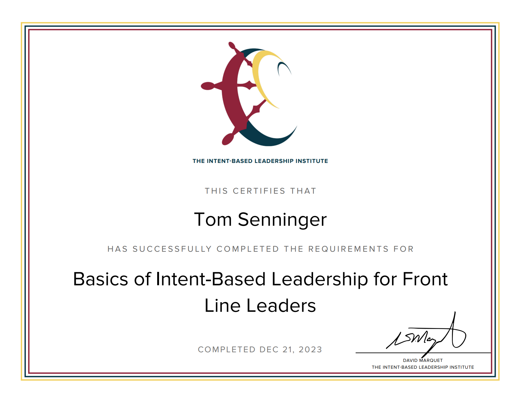 Certified basisc of intent-based leadership by David Marquet